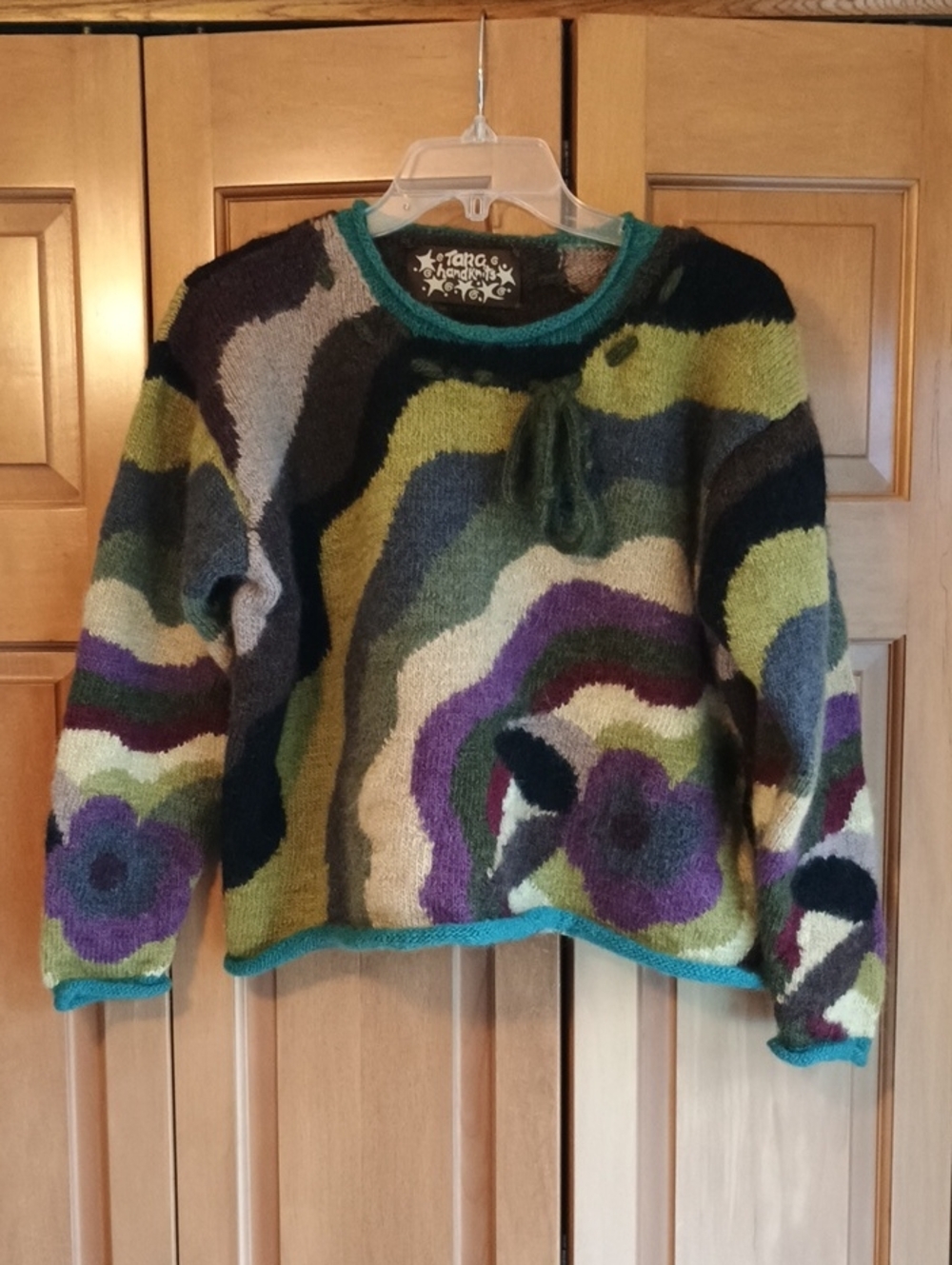Tara Handknits Wool Multicolor Patterned Women's Sweater - Green/Purple
